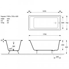 Ванна чугунная Vinsent Veron Square 170x75 с ножками