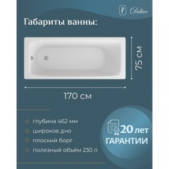 Ванна чугунная Delice France Biove 170x75 с ручками DLR220509RB